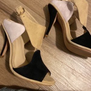 Aerin Cream & Black Peep Toe Suede Heels